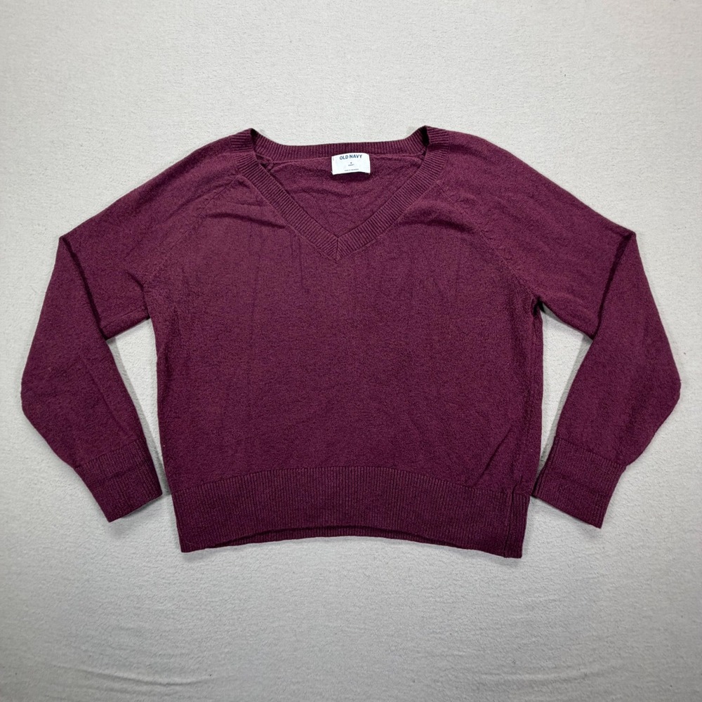 Old Navy V-Neck Sweater Womens M Good Burgundy SoSoft Cotton Blend Knit Raglan‎